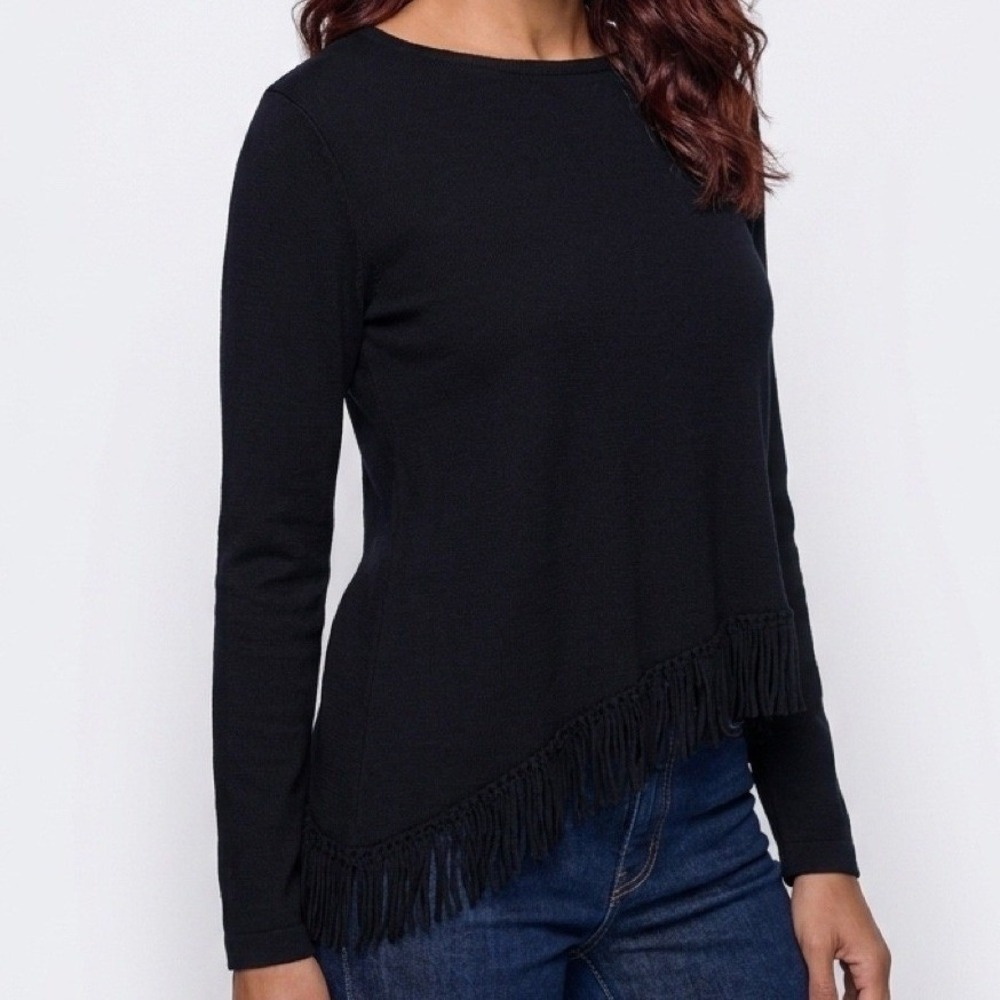 Y2K Sears Dorby Woman Top Women 1X Black Fringe Asymmetrical Hem Knit LS Sweater